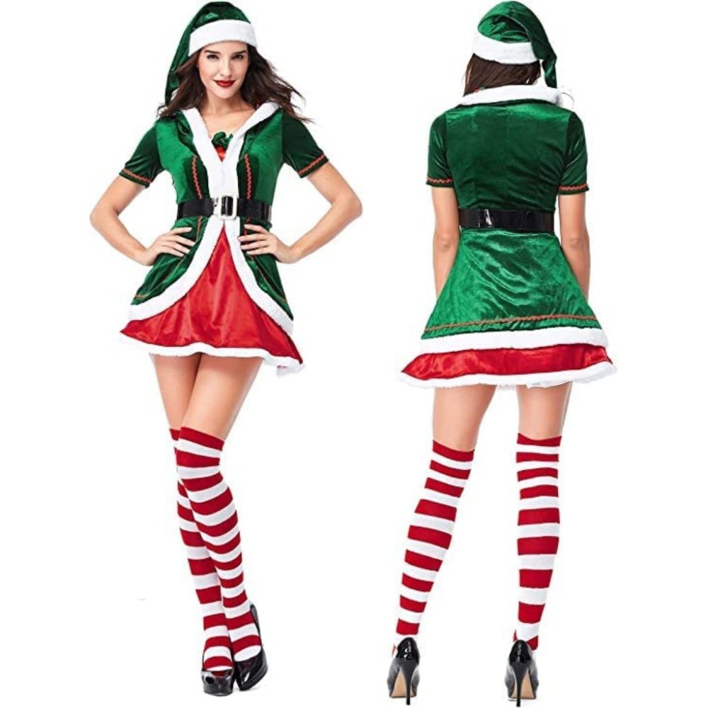 Women Elf Costume Cosplay Green Santa Claus Christmas Xmas Party Dress S…